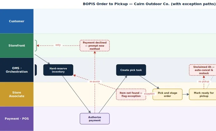 Horizontal swimlane process map across five lanes with exception paths