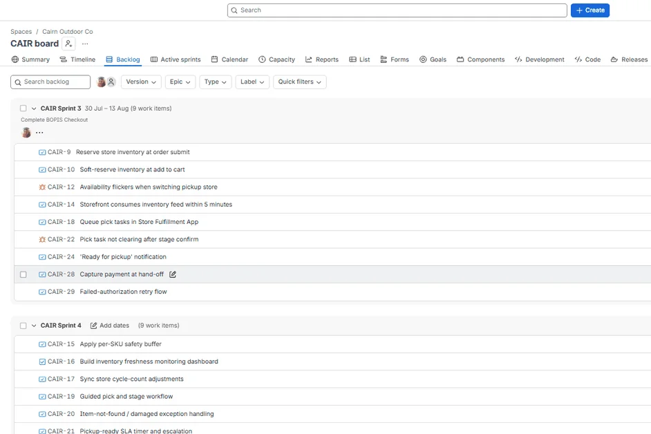 Jira backlog showing the active sprint with its sprint goal and dates, the next planned sprint, and the remaining release backlog, grouped by epic and fix version