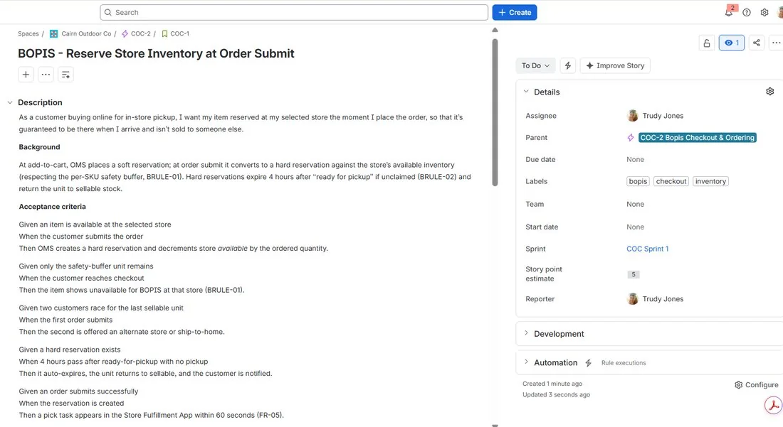 Jira user story — Reserve store inventory at order submit, with acceptance criteria and fields